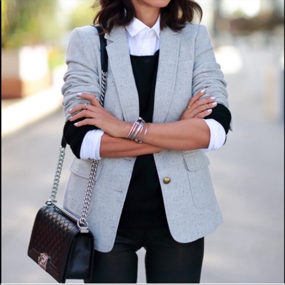 grey wool tweed gold button blazer - Picture 1 of 8